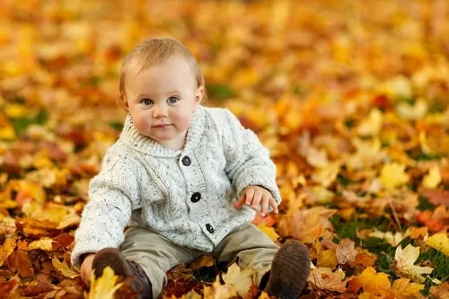 baby in sweater sitting on autumn leaves